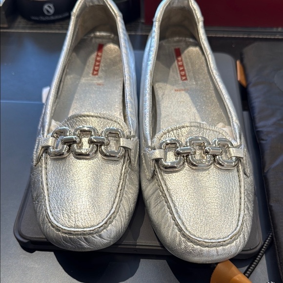 Prada Silver Chain Detail Loafers - Picture 8 of 8